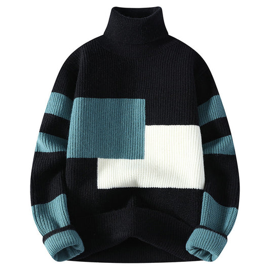 2025 Autumn Winter High Collar Thickened Sweater for Men Korean Style Patchwork Knitted Base Trendy Personalized Front Logo 2523