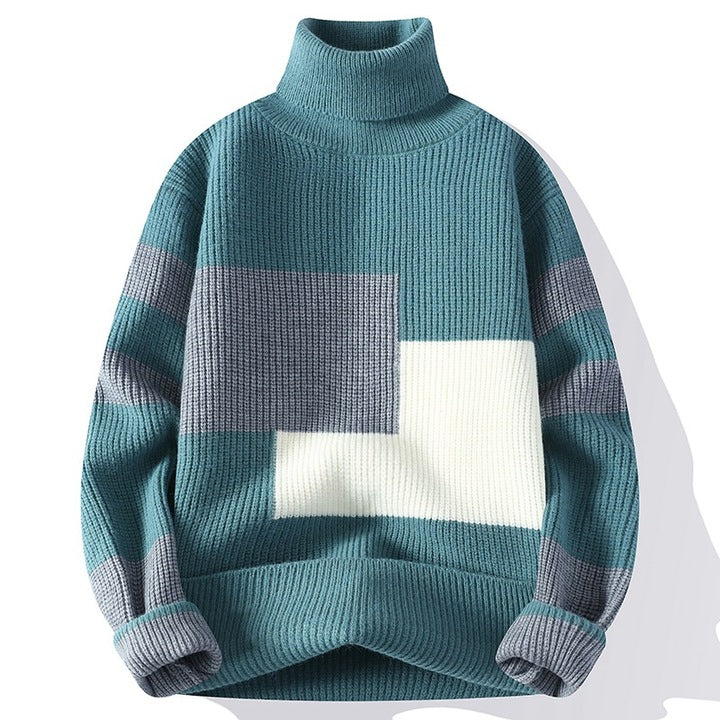 2025 Autumn Winter High Collar Thickened Sweater for Men Korean Style Patchwork Knitted Base Trendy Personalized Front Logo 2523