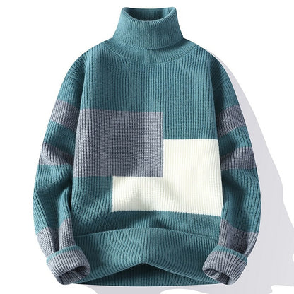 2025 Autumn Winter High Collar Thickened Sweater for Men Korean Style Patchwork Knitted Base Trendy Personalized Front Logo 2523