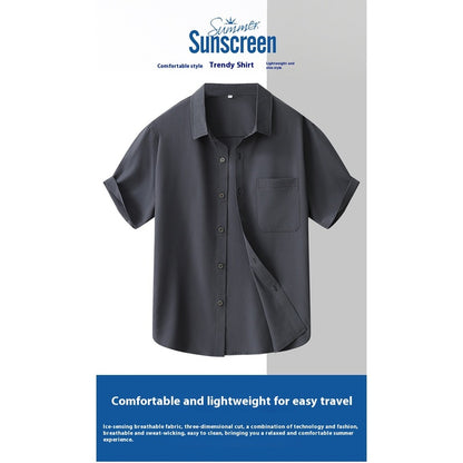 Men's Trendy American Style Summer Casual Jacket Heavy Cotton Short Sleeve Shirt Anti-Pilling Feature Versatile Twill Fabric