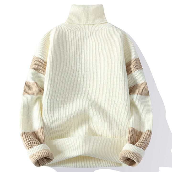 2025 Autumn Winter High Collar Thickened Sweater for Men Korean Style Patchwork Knitted Base Trendy Personalized Front Logo 2523