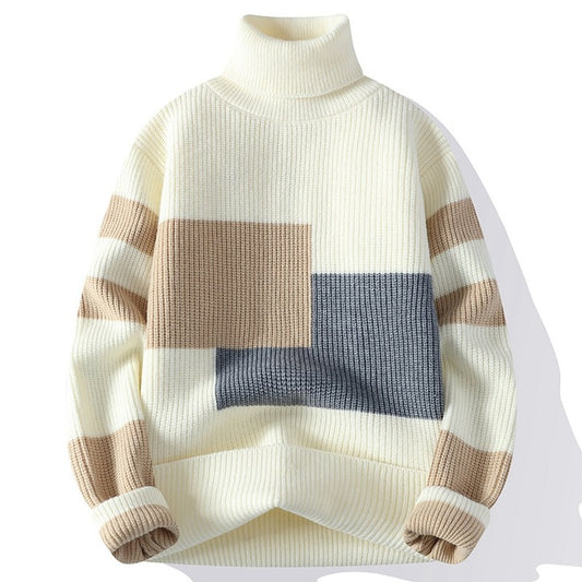 2025 Autumn Winter High Collar Thickened Sweater for Men Korean Style Patchwork Knitted Base Trendy Personalized Front Logo 2523
