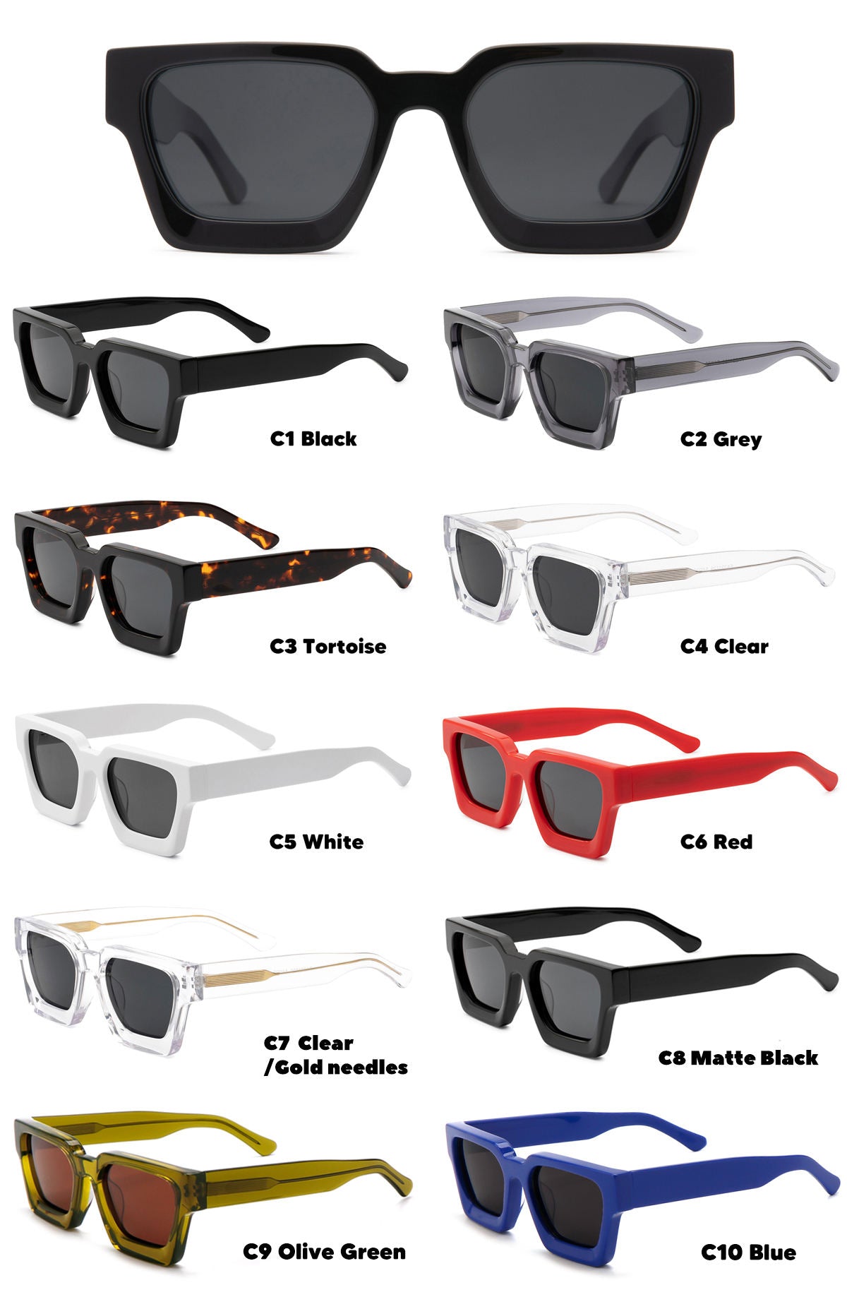 Sunglasses 2024 Customized 3D Metal Logo High End Luxury Square Fashionable Thick Acetate Sunglasses Polarized for Mens Women